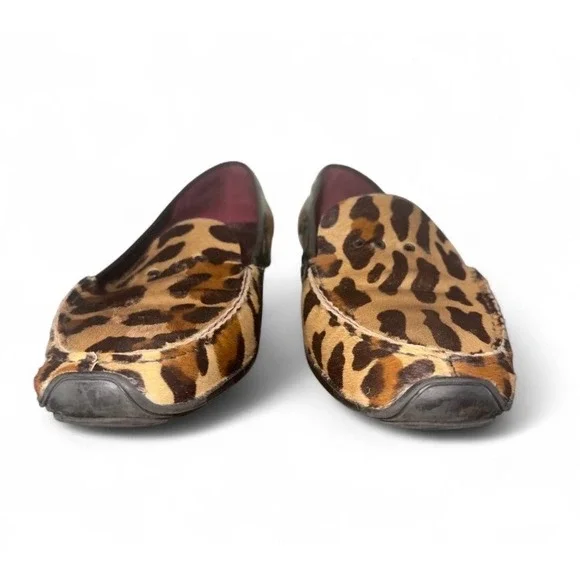 Via Spiga Womens Leopard Calf Hair Loafers Black Leather Trim Driving Mocs 8.5M - Picture 2 of 7